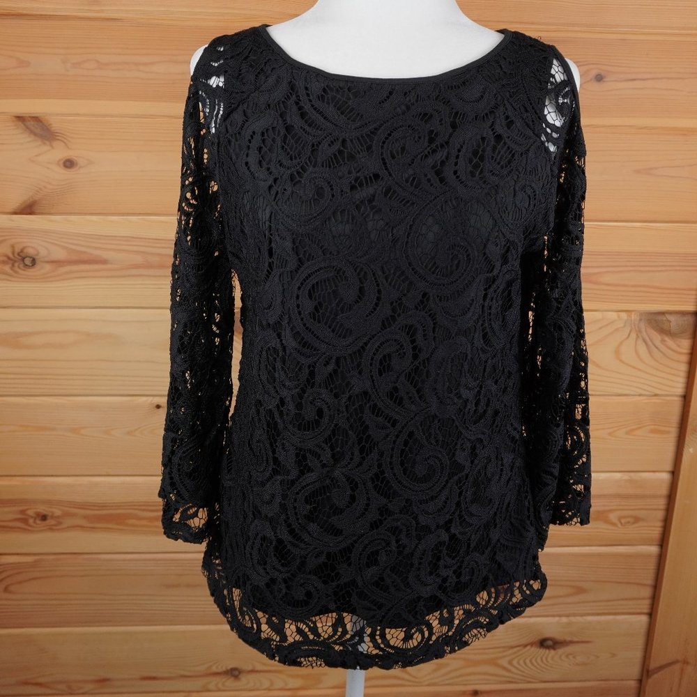 Adrianna‎ Papell Black Lace Open Shoulder Lined Top Size Medium